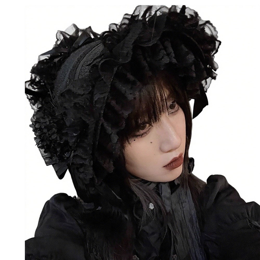 Women'S Victorian Era Accessories - 手作りヴィンテージビクトリア朝のゴシックティーパーティーレース麦わら帽子ロリータガールズ花ボンネットフリルハロウィンブラックヘッドドレス