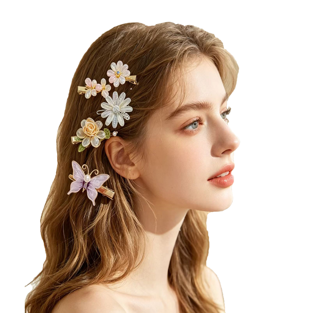 Women'S Accessories List - 女の子のためのカラフルなラインストーンヘアピン,かわいいヘアクリップ,サイドバレッタ,輝く花,ハート,パールアクセサリー,4個