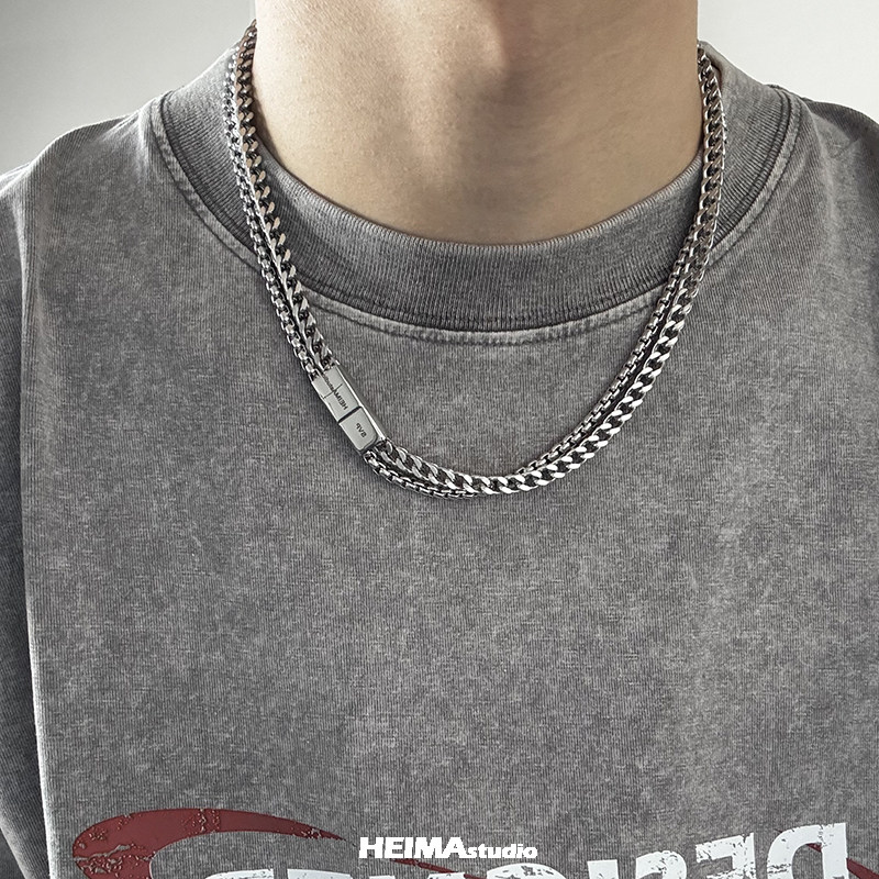 Charm Necklace Dainty - チタンとスチールのダブルキューバンネックレス,男性用,レトロ,シンプル,色あせない鎖骨チェーン,セーター,チョーカー,ヒップホップストリートジュエリー,卸売