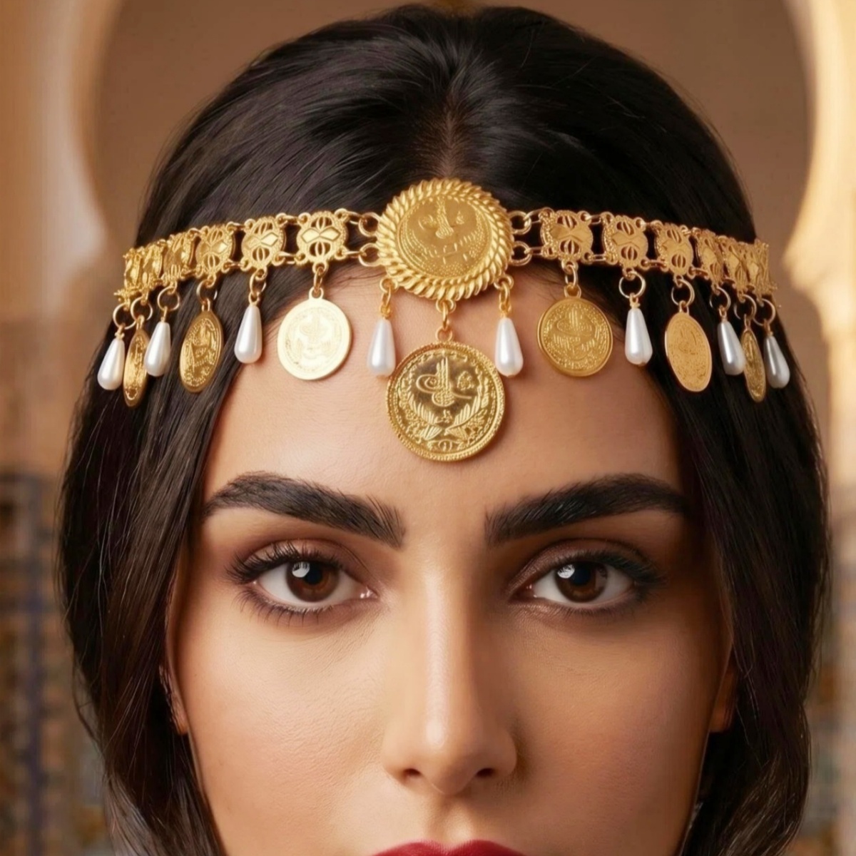Women'S Egyptian Accessories - クルドヘッドピースジュエリー エジプト風ゴールドカラー メタルコイン フェイクパール タッセルヘッドチェーン 女性用