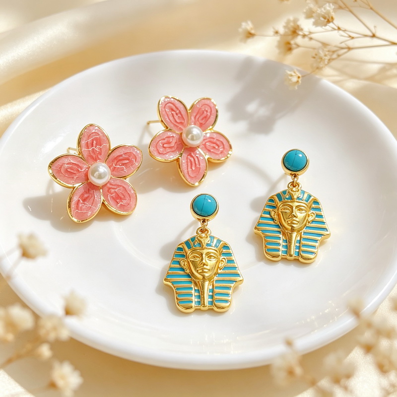 Women'S Egyptian Accessories - カレンステンレススチール製レディースイヤリングピンクフラワー スタッドイヤリング＆エジプトファラオターコイズイヤリングファッションジュエリーアクセサリー