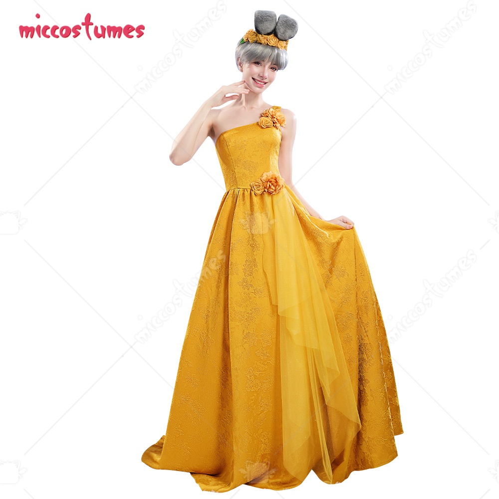 Women Knight Accessories - 【出荷準備完了】Miccostumes 女性用ウサギコスプレガウンドレス イエローコスプレドレス 耳付きヘアバンドと花のヘアアクセサリー付き