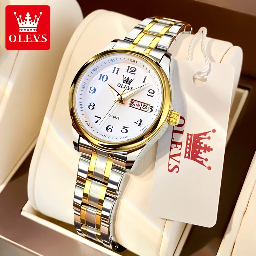 Women Accessories Display - Olevs-女性のためのステンレス鋼のクォーツ時計、エレガントな腕時計、防水時計、発光、週の日付、女性のドレス、豪華、5567
