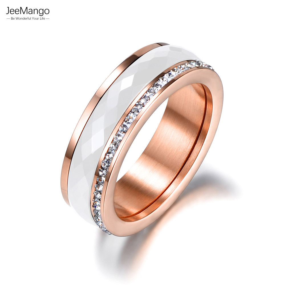 Women Accessories Brands - JeeMango トレンディなステンレス鋼ホワイトセラミックリングジュエリーゴールドカラー CZ クリスタル結婚婚約指輪女性のための JR18056